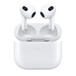 AirPods and Charging Case, Right and Left white Earbud with Microphone at Top of Each. Top of Case Open, Attached by Silver Hinge.