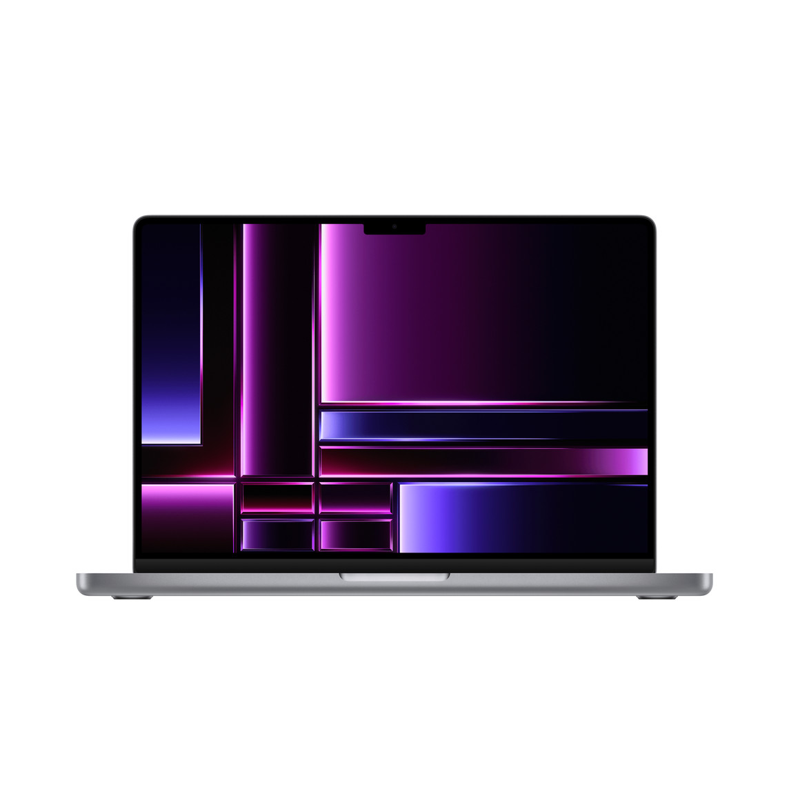 打開的太空灰色 14 吋 MacBook Pro，展示顯示器、纖薄邊框、FaceTime HD 相機、凸出的腳座與圓角設計。