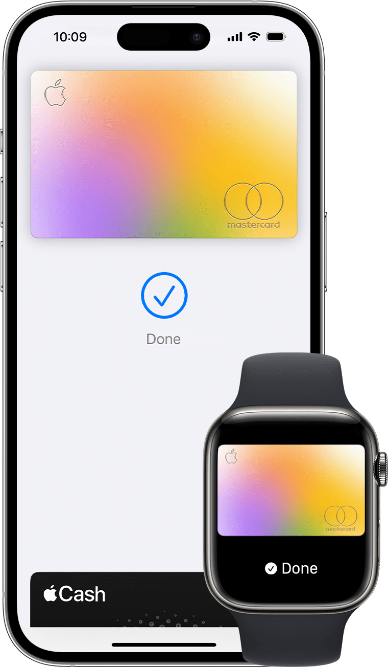 En iPhone og et Apple Watch med visning af en gennemført betaling med Apple Pay