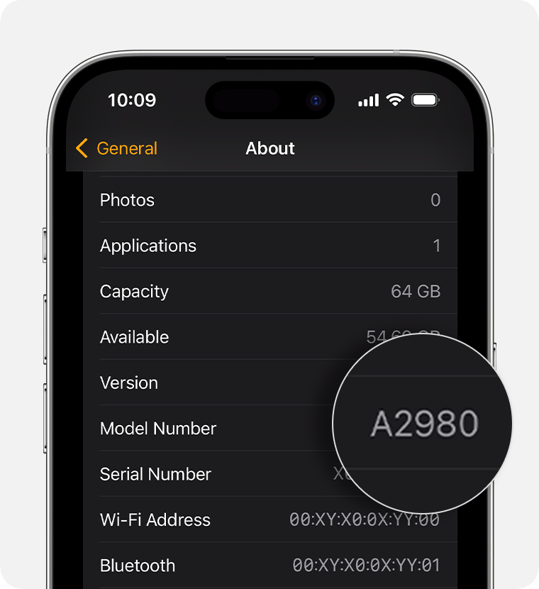 iPhone que muestra la pantalla Información y el número de modelo del producto