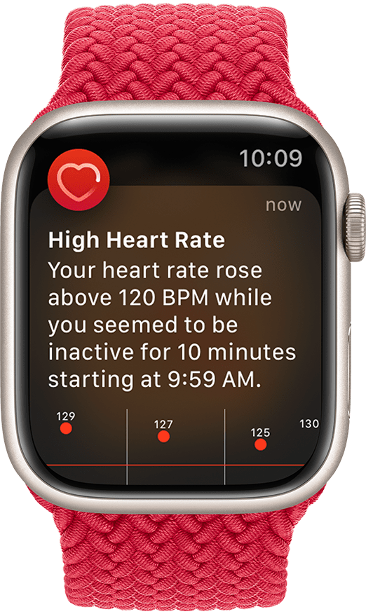Apple Watch ierīce, kurā parādīts paziņojums par ātru pulsu