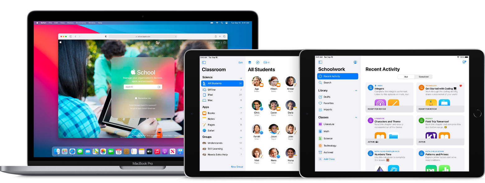 MacBook Pro המציג את דף הכניסה ל-Apple School Manager, לצד שני מכשירי iPad שבשניהם פתוחה האפליקציה 'משימות לימוד'.