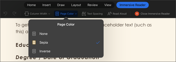 screenshot of immersive reader with page color selected, options are none, sepia, inverse
