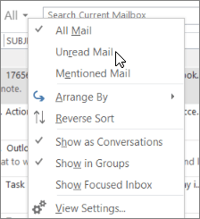 Screenshot shows the Unread Mail option selected from the All drop-down menu on the Inbox ribbon.