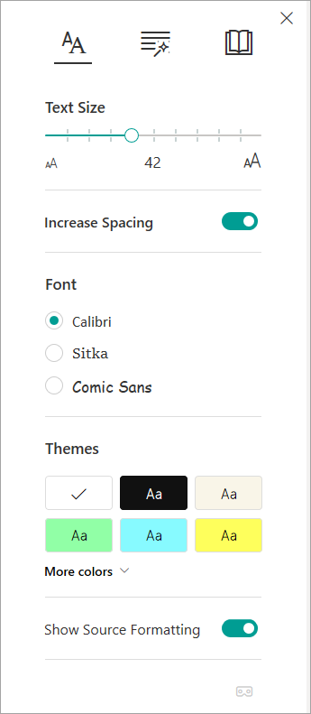 Text options in Immersive Reader.