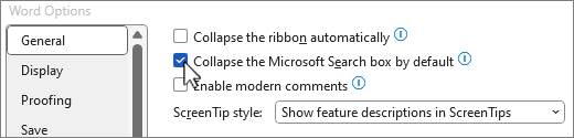 The File > Options dialog box showing the Collapse the Microsoft Search box by default option.