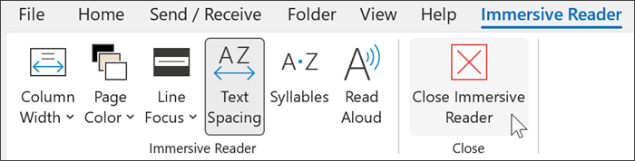 Immersive reader tool in outlook with cursor hovering over "close"