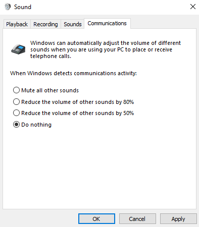 The Communications tab of the Sound Control Panel has four ways for Windows to handle sounds when you’re using your PC for calls or meetings. "Do nothing" is selected.
