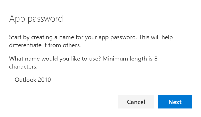 Screenshot that shows the "App password" page, with the name of the app entered