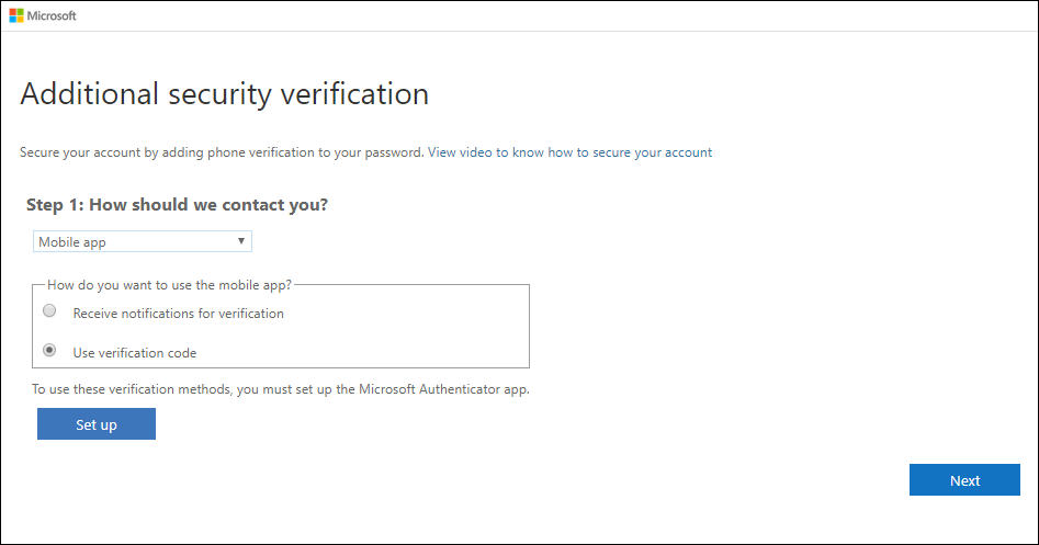 Additional security verification page, with mobile app and notifications option