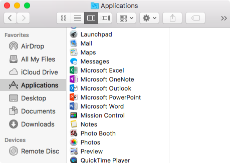 Open Finder > Applications > Search for "Microsoft"