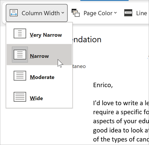 screenshot of the column width dropdown for immersive reader, options are very narrow, narrow, moderate, wide