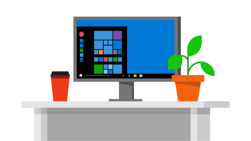 Ilustración de un equipo en un escritorio con un café y una planta