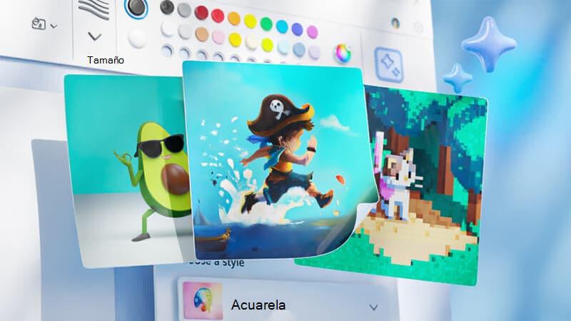 Imagen creativa que muestra 3 ejemplos de lo que se puede crear con Paint Cocreator. Las imágenes consisten en un pirata de dibujos animados que corre en el agua, la mitad de un aguacate bailando con gafas de sol y un gato de Minecraft en un bosque.