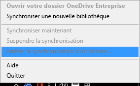 Capture d’écran montrant la commande Arrêter la synchronisation d’un dossier suite à un clic avec le bouton droit sur le client de synchronisation OneDrive Entreprise