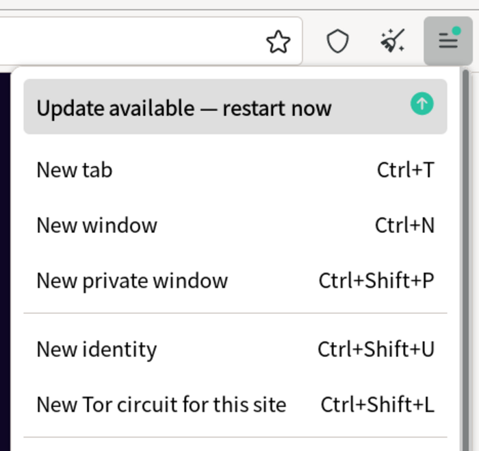 Pilih 'Restart untuk memperbarui Tor Browser' pada menu utama
