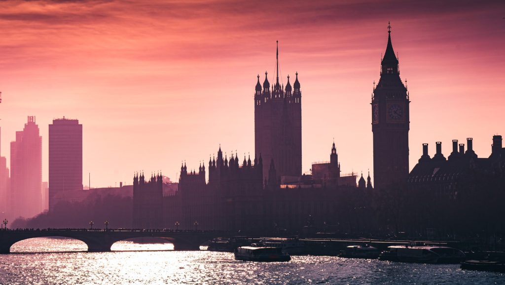Big Ben, Westminster and House of Lords at the sunset. London. England.
