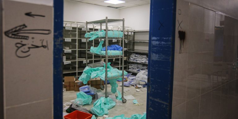 Medical supplies scattered on the floor of a store room inside the Nasser Medical Hospital in Khan Younis, southern Gaza, on Sunday, April 21, 2024. More than 34,000 Palestinians have died, according to the Hamas-run health authority. Photographer: Ahmad Salem/Bloomberg via Getty Images