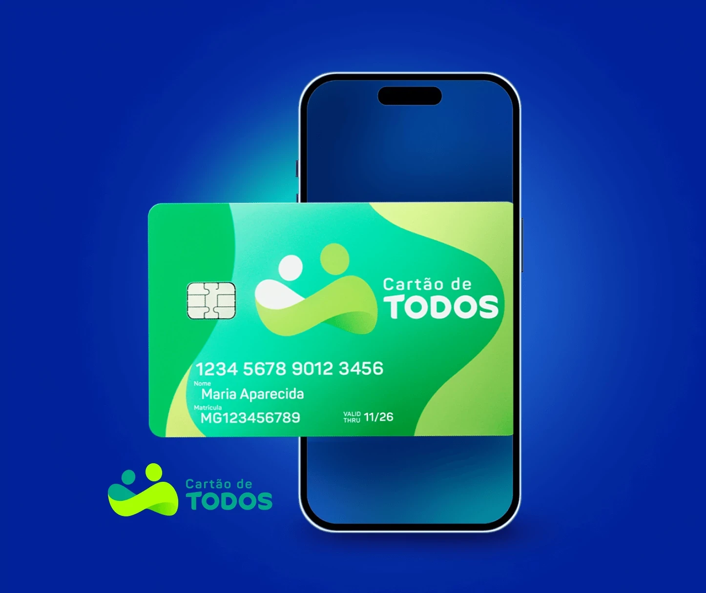 Cartão do Cartão de TODOS acima de celular e logotipo do serviço ao lado