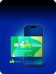 Cartão do Cartão de TODOS acima de celular e logotipo do serviço ao lado