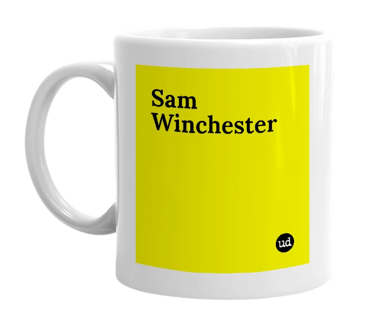 White mug with 'Sam Winchester' in bold black letters