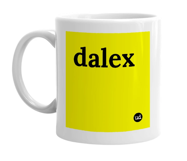 White mug with 'dalex' in bold black letters