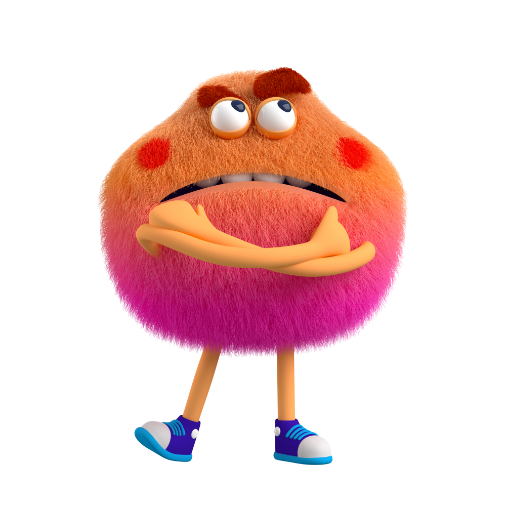 Purple and Orange Feelings Monster with arms crossed feels annoyed and irritated by something