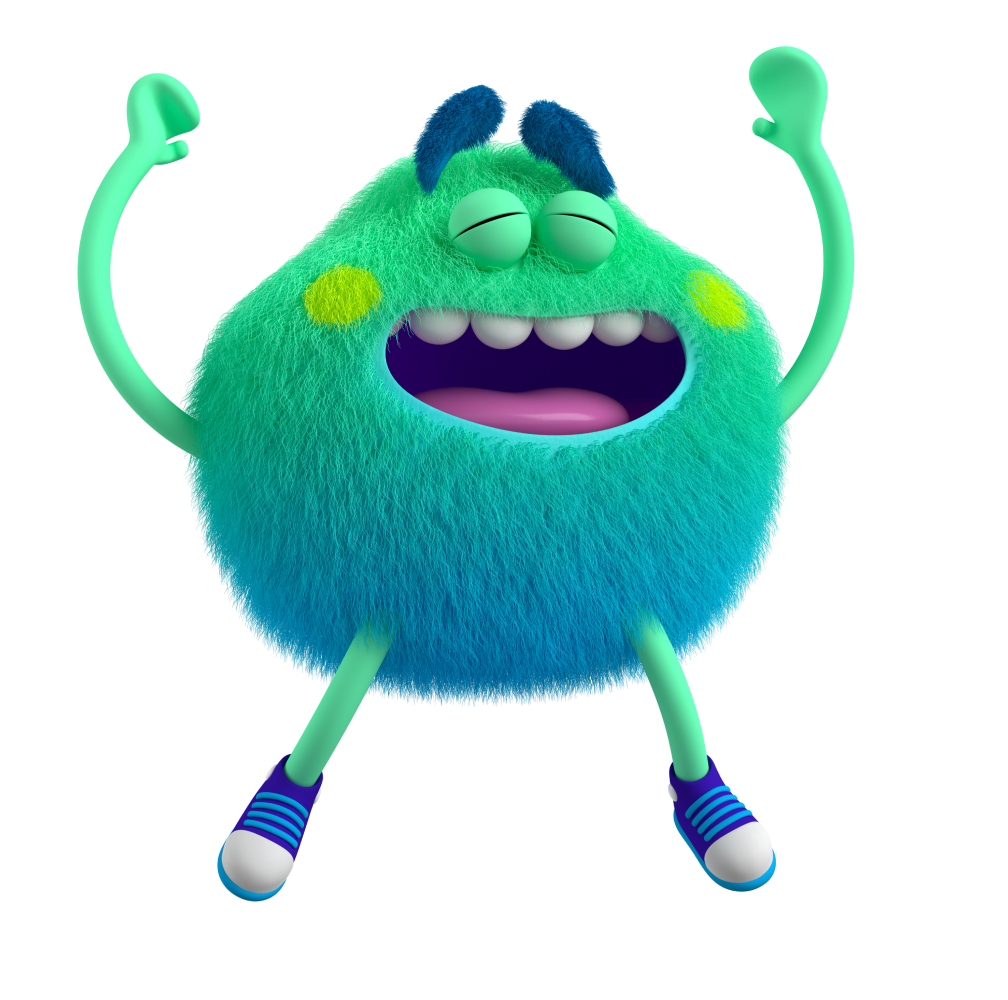 Blue and Green Feelings Monster with their hands in the air and both eyes closed feels energized and ready to take action