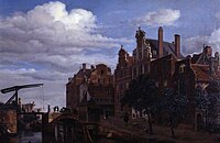 Jan van der Heyden (figures probably by Adriaen van de Velde). View in Amsterdam label QS:Len,"View in Amsterdam" label QS:Lpl,"Widok w Amsterdamie" label QS:Lnl,"Gezicht in Amsterdam" circa 1665-1675. oil on panelmedium QS:P186,Q296955;P186,Q106857709,P518,Q861259. 37.5 × 53.3 cm (14.7 × 20.9 in). Barnsley, Cannon Hall Museum.