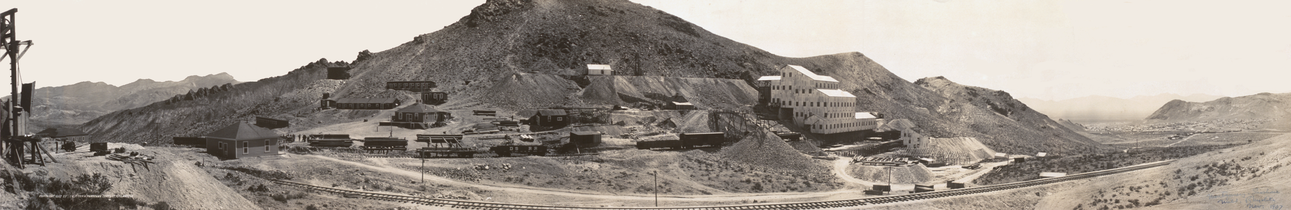 Panorama of the Montgomery Shoshone Mill, 1907 - the town of Rhyolite is visible in the background, to the right.