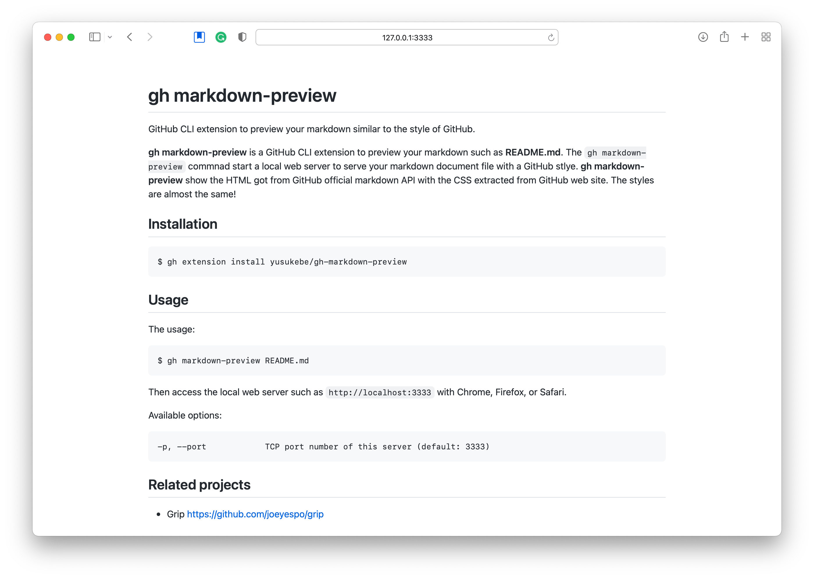 Screenshot of gh markdown-preview