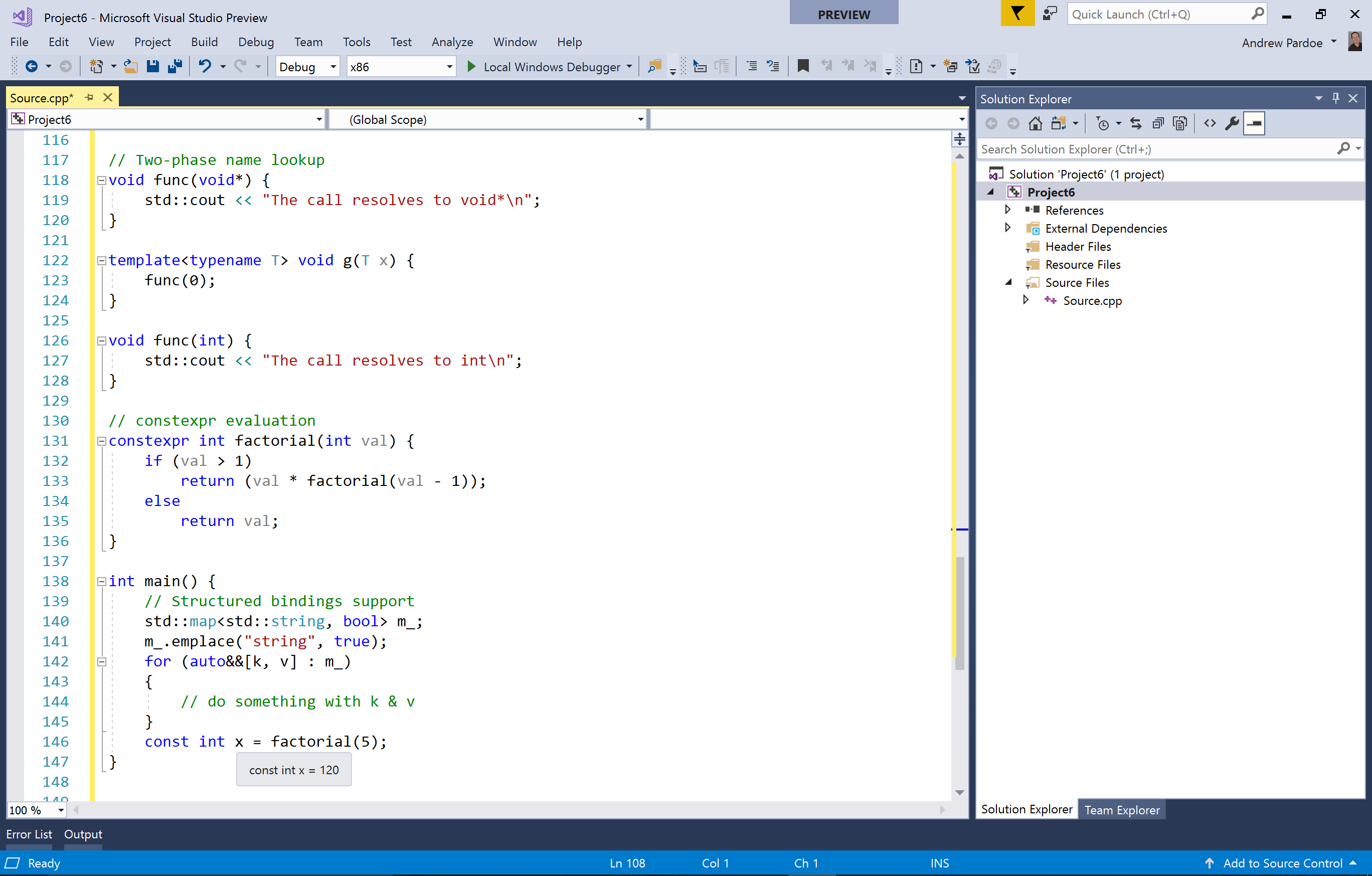 screenshot del supporto per C++ 11, C++ 14 e molte funzionalità di C++ 17