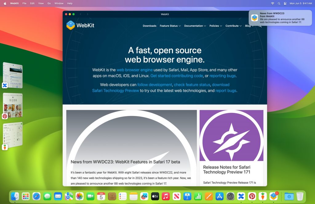 A web app for WebKit Blog shown on macOS Sonoma. With three other web apps as Stage Manager windows off to the side. And four web app icons in the doc. Plus a push notification coming in from the WebKit web app.