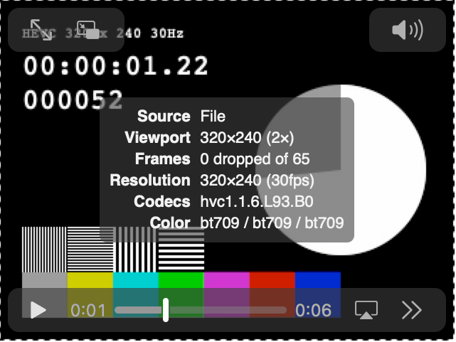Video in a video player, with an overlay showing the stats for that video.