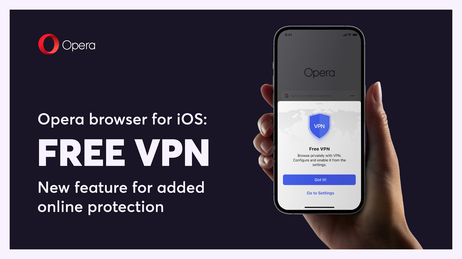 A phone displays its protection by Opera's free VPN for iOS.