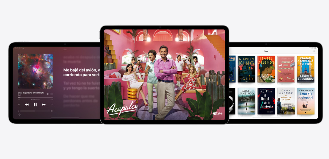 Two iPad Airs and one iPad showcasing the Apple Music, Apple TV+, and Apple Books apps.