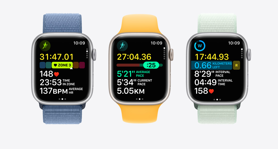 三隻 Apple Watch Series 9。第一隻錶顯示體能訓練時的「心率區間」，第二隻錶顯示「設定配速」，第三隻錶顯示有數組間歇訓練的自訂體能訓練。