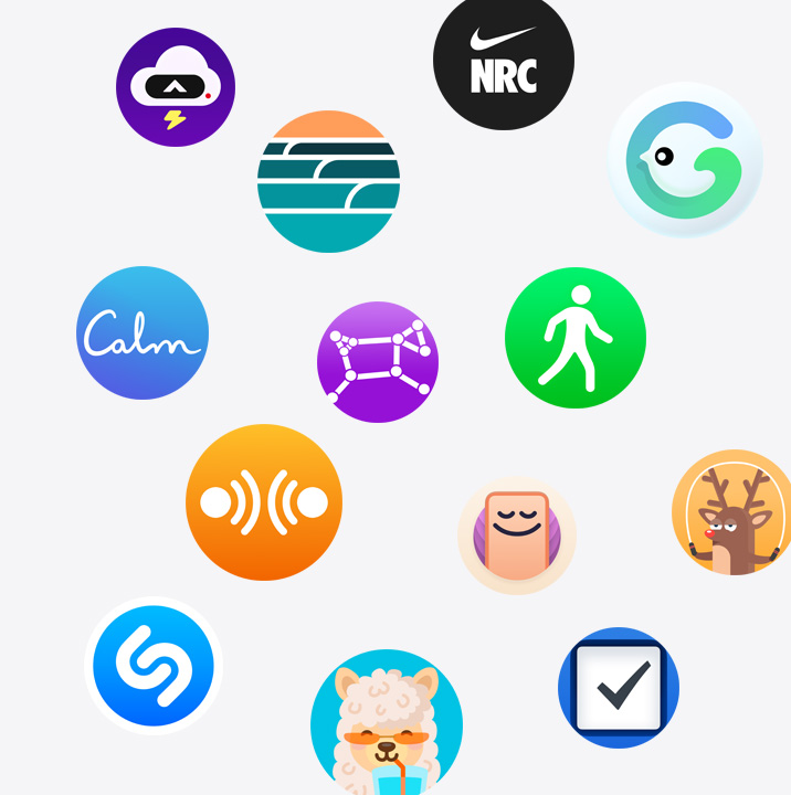 各種來自 App Store 的 Apple Watch app 圖示。Nike Run Club、Calm、YaoYao- 跳繩、Waterllama 等。