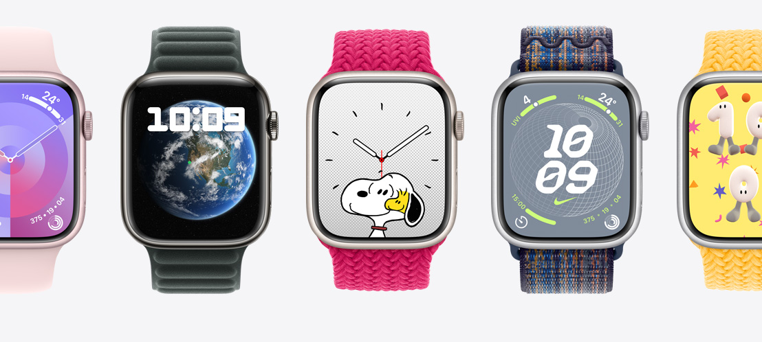 五隻 Apple Watch Series 9 配上不同錶面。分別為調色盤錶面、組合錶面、史諾比錶面、Nike 地球錶面以及玩樂錶面。