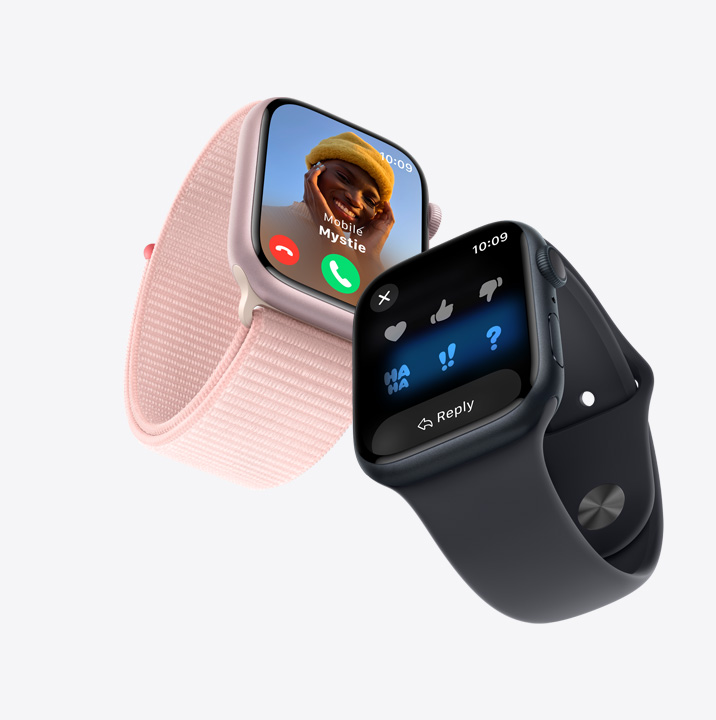 Dua Apple Watch Series 9. Yang pertama menerima panggilan masuk. Yang kedua menampilkan percakapan pesan teks.