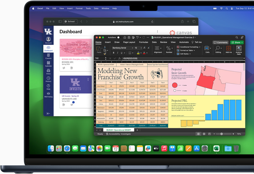 MacBook Air에서 Microsoft Excel과 Canvas LMS를 사용 중인 모습