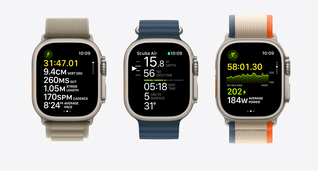 三隻 Apple Watch Ultra 2。第一隻錶顯示跑步訓練。第二隻錶顯示使用 Oceanic+ app 作休閒水肺潛水。第三隻錶顯示單車訓練。