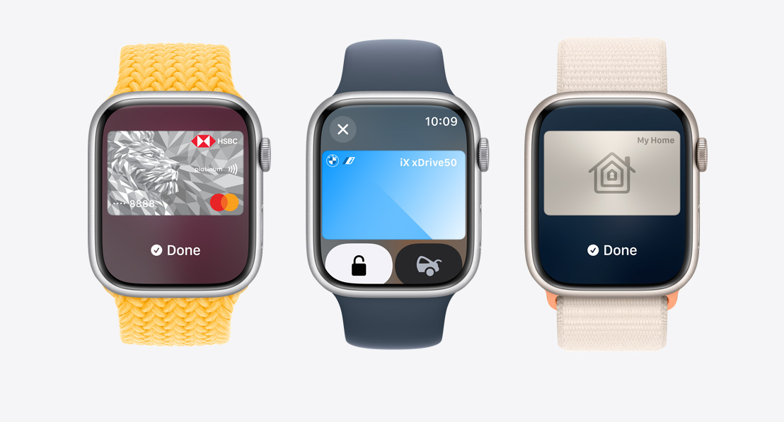 Three Apple Watch Series 9. The first shows Apple Card being used with Apple Pay. The second shows a travel card being used with the Wallet app. The third shows a home key being used through the Wallet app.