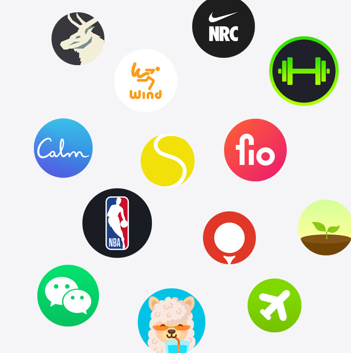 The icons of Apple Watch apps from the App Store. ChargePoint, Yelp, Nike Run Club, SmartGym, Calm, NBA, SwingVision, Oceanic+, WeChat, Waterllama, Golfshot, JetBlue and AllTrails.