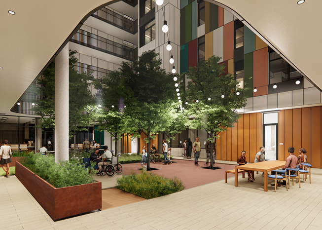 A rendering of the Kelsey in San Francisco shows residents gathering in the building’s courtyard on the ground floor.
