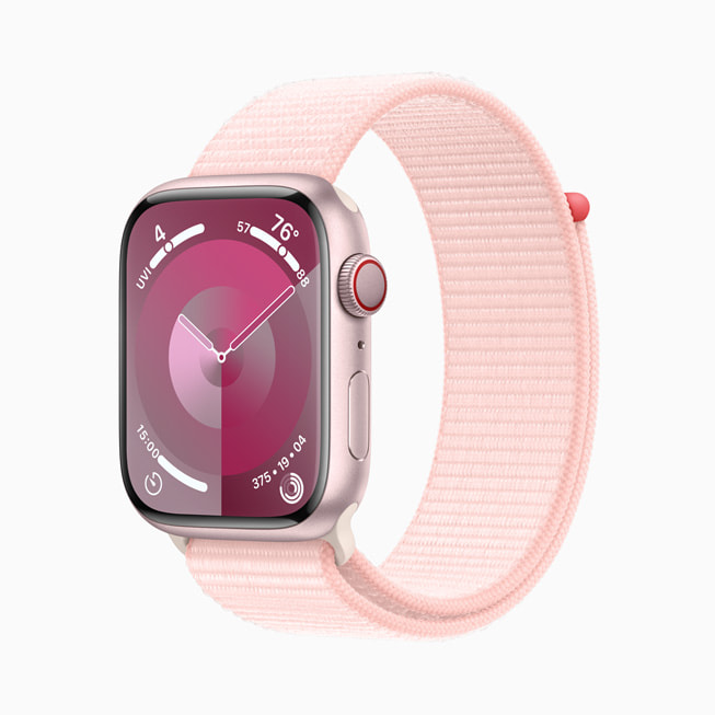 Un Apple Watch Series 9 con caja de aluminio rosa y una correa Loop deportiva rosa.