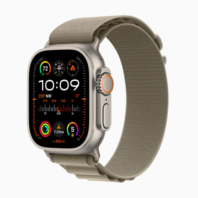 Apple Watch Ultra 2 avec le nouveau bracelet Alpin olive.
