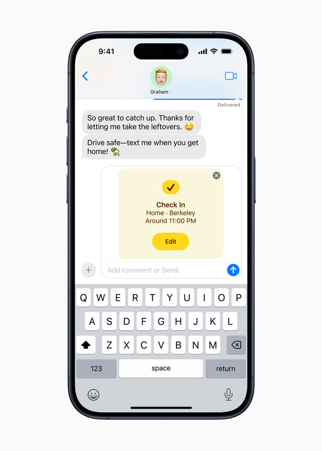 iPhone 15 Pro’da Mesajlar’daki Durum Denetleme özelliği gösteriliyor.