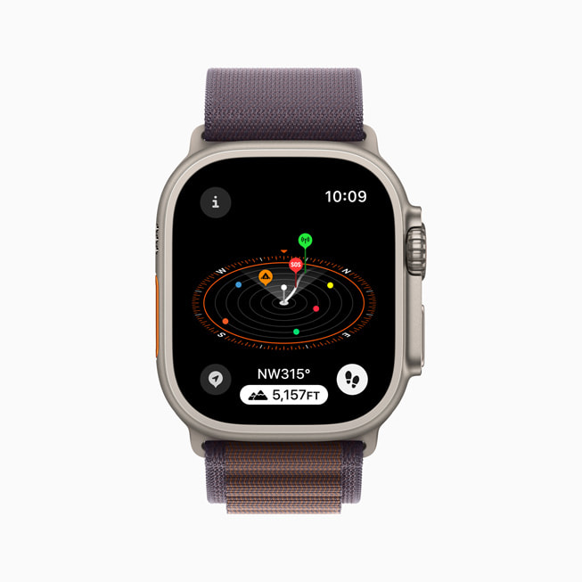 Apple Watch Ultra 顯示一個「最後行動網路連接航點」和一個「最後緊急事故通話航點」。