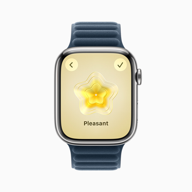 Apple Watch Series 9 顯示「正念」App 中心理狀態記錄的「愉悅」選項。